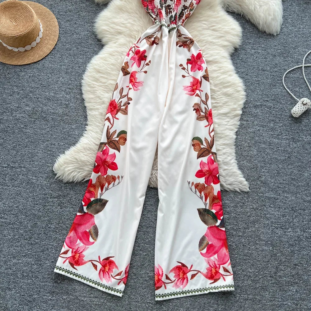 Vintage Printed Jumpsuit for Women – Full-Length Summer Romper with Mid Waist - Piña Colada