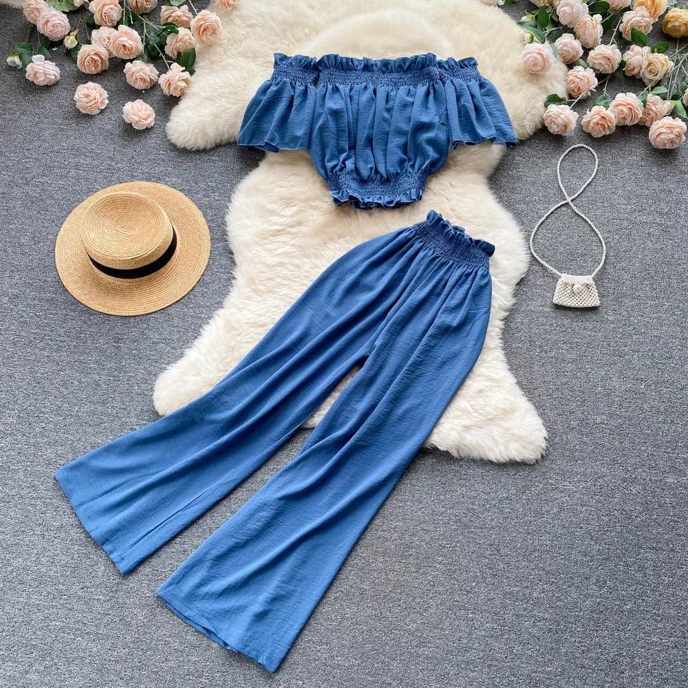 Two Piece Set High Waist Wide Leg Pants - Piña Colada