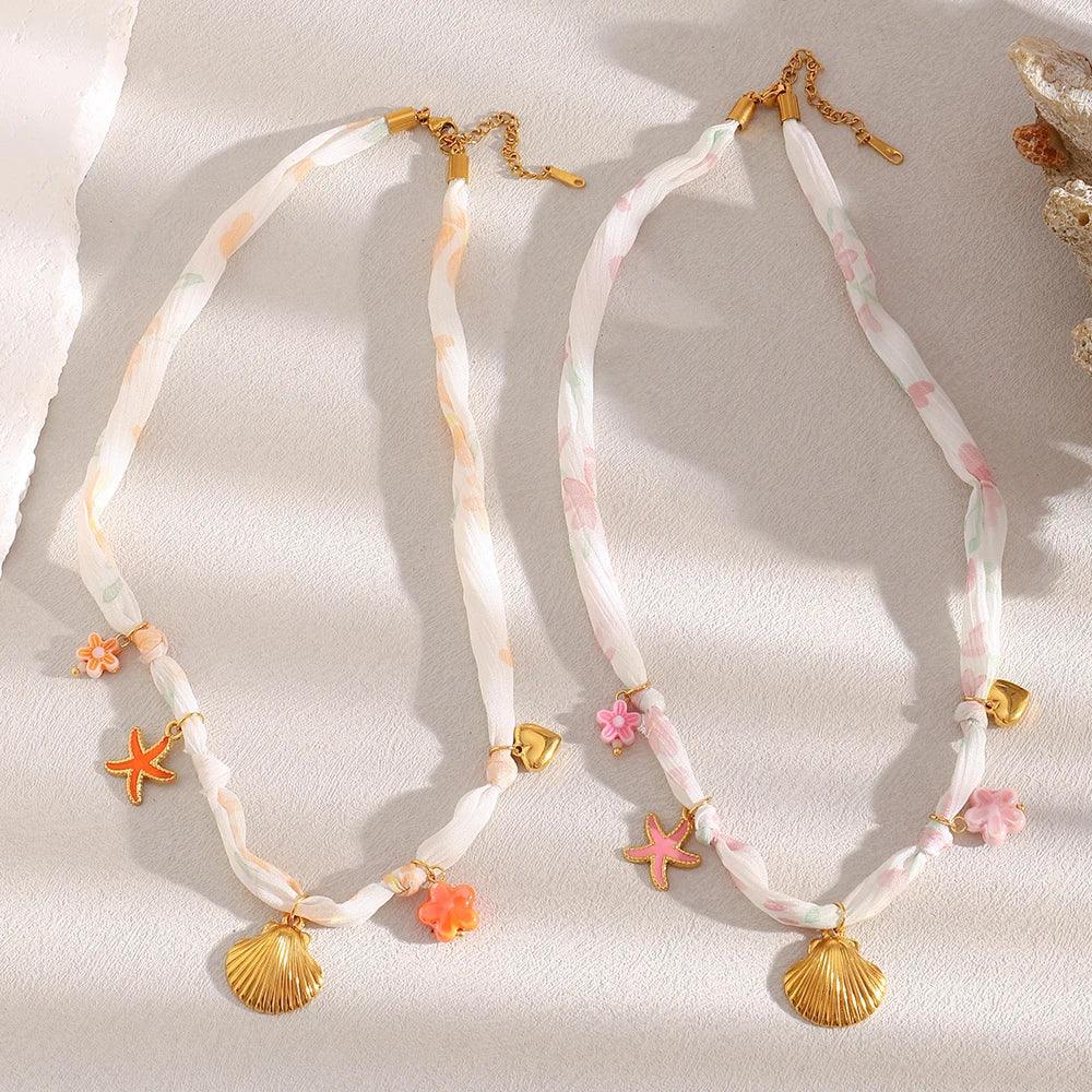 Ribbon Flower Starfish Necklace - Piña Colada