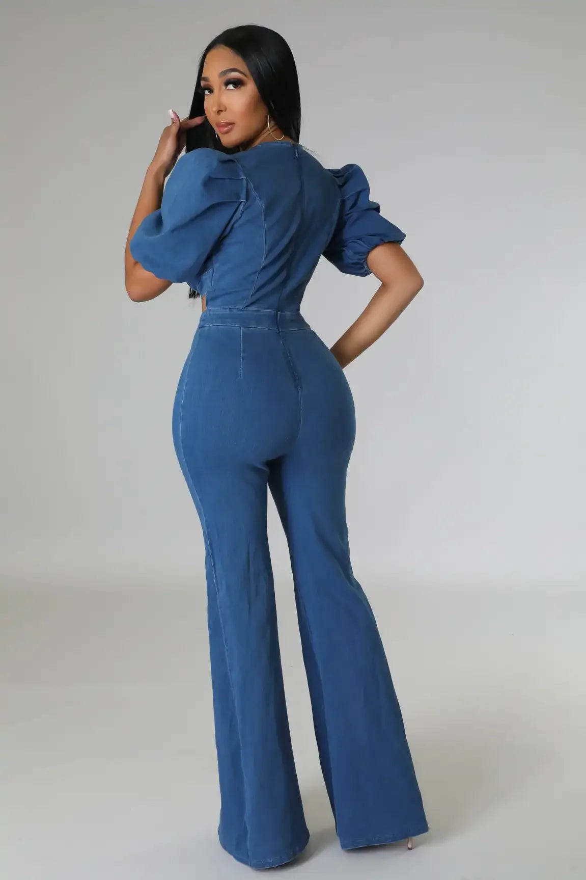 Wide Leg Denim Jumpsuit Ruffle - Piña Colada