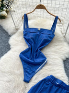 Strapless Patchwork Two-Piece Set – Spliced Top & Wide-Leg Pants - Piña Colada