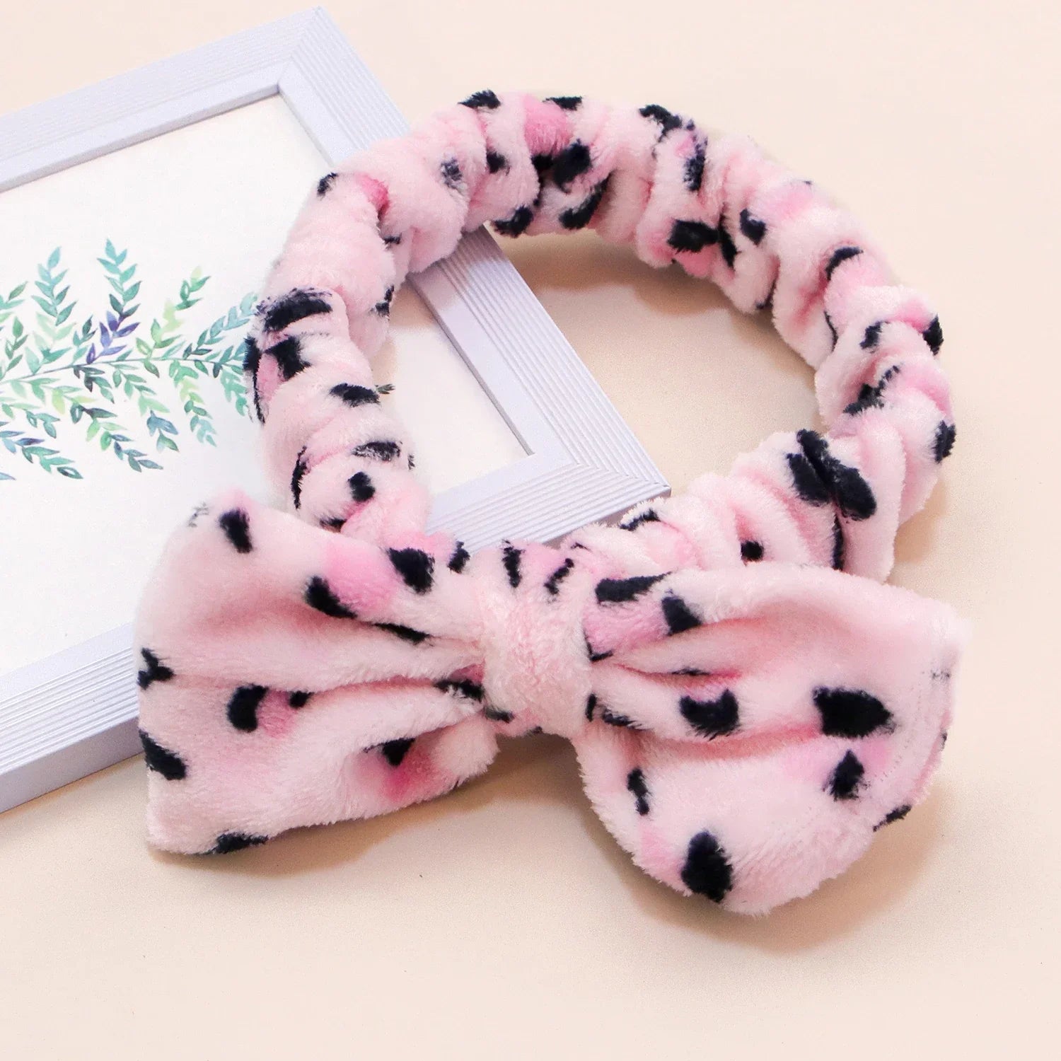 Leopard Bow Coral Fleece Spa Headband - Piña Colada