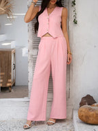 Summer V-Neck Button Crop Top & Wide-Leg Pants Set - Piña Colada