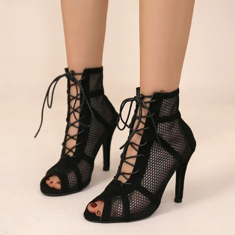 Black Mesh Peep Toe Sandals – Cross-Tied Ankle Strap Heels - Piña Colada