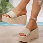 Boho Beaded Platform Wedge Slippers - Piña Colada