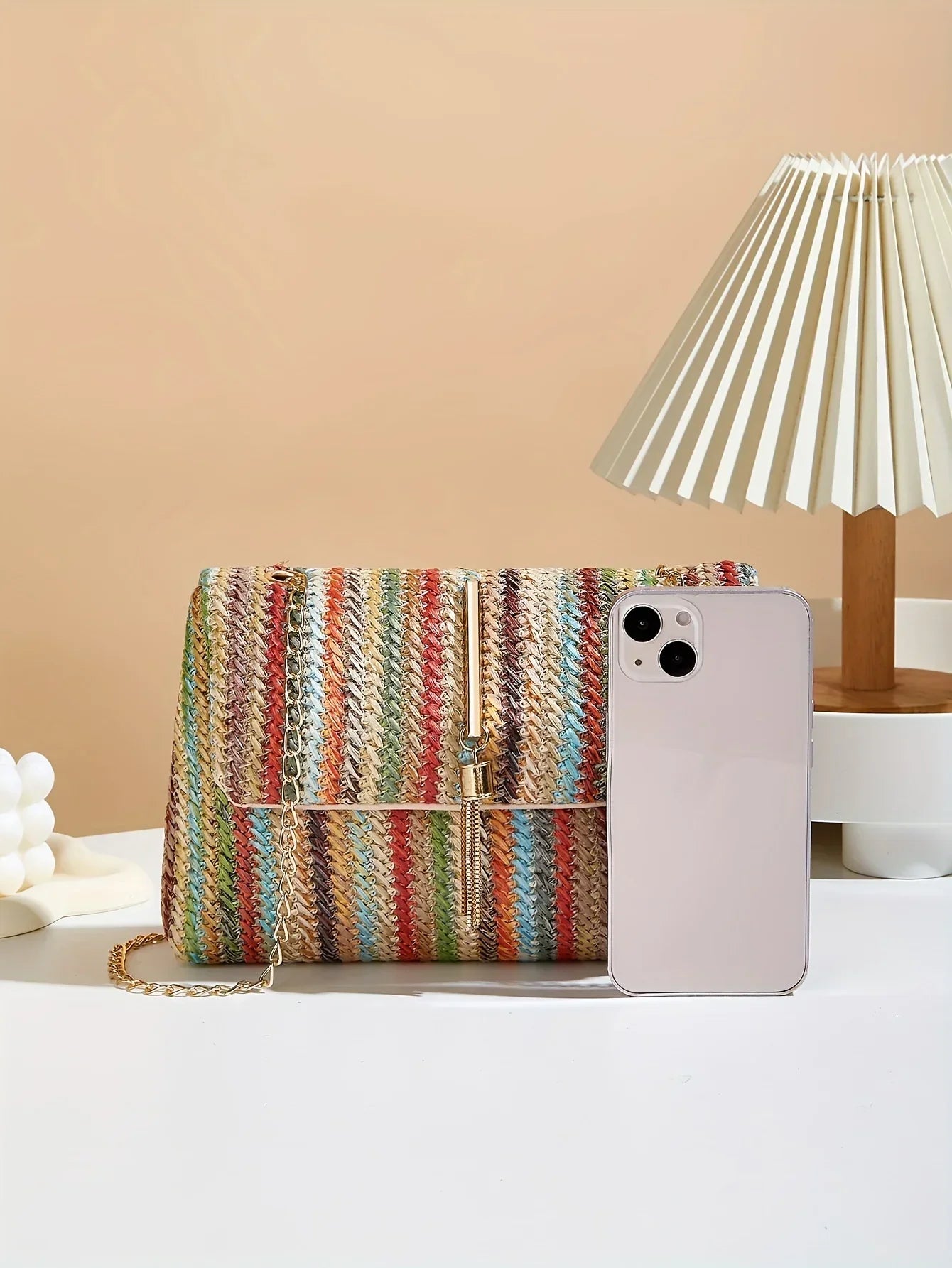 Chic Rainbow Stripe Straw Crossbody - Piña Colada