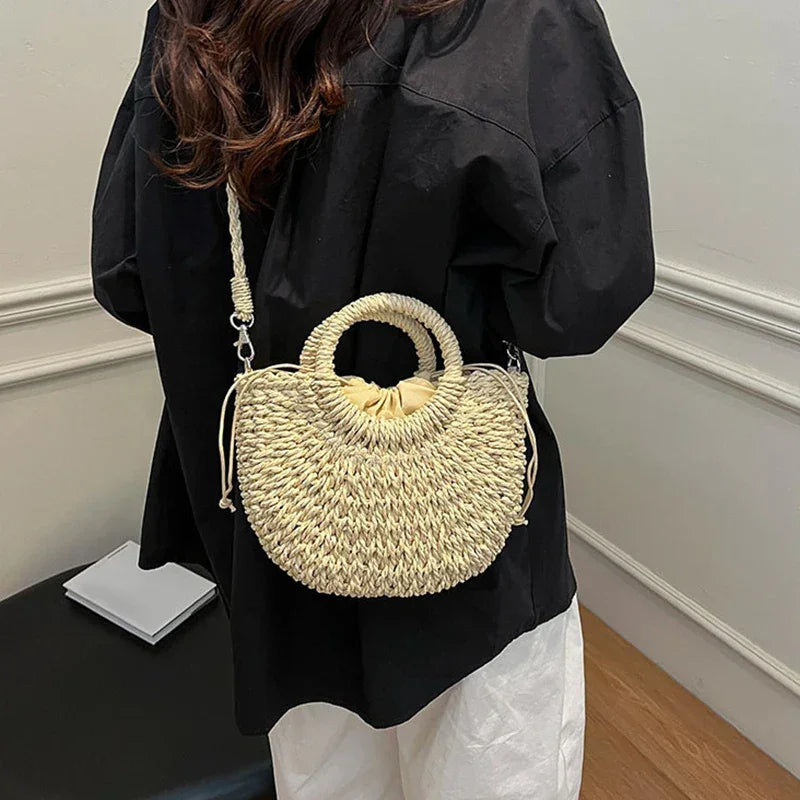 Boho Rattan Half-Moon Crossbody Bag – Handwoven Summer Straw Shoulder Purse - Piña Colada