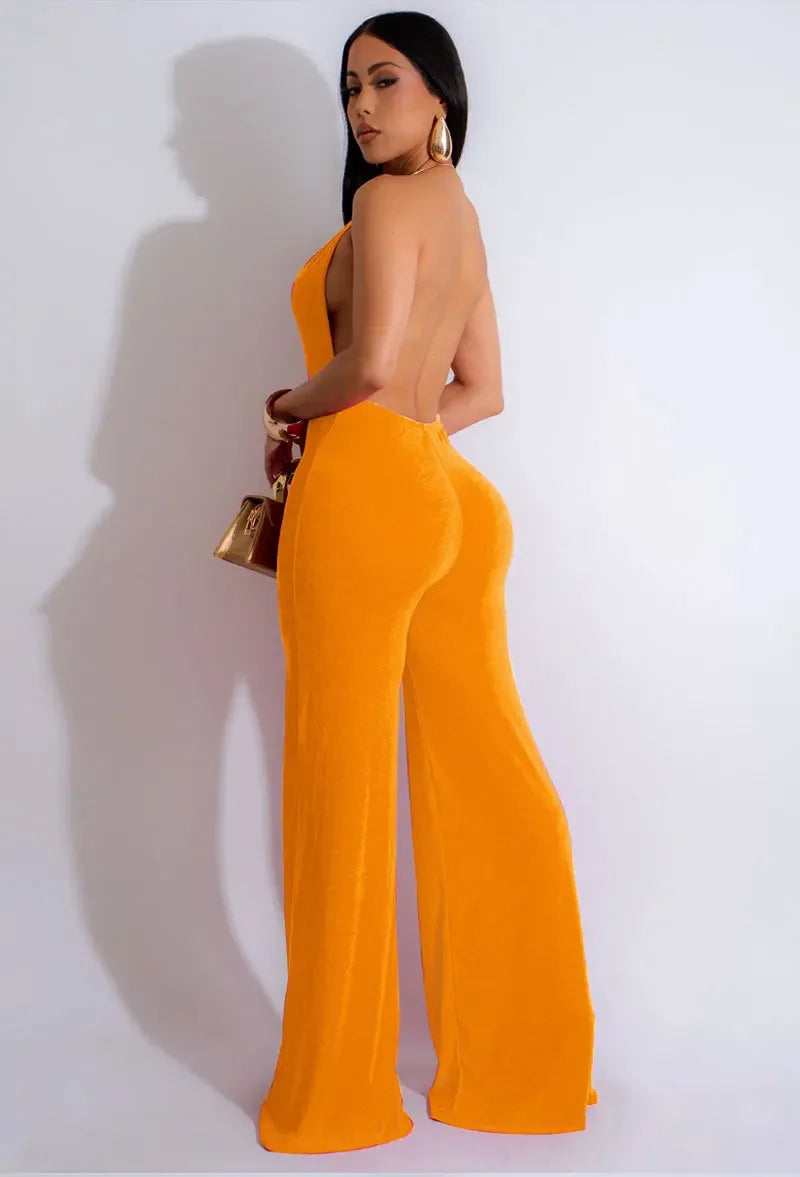 Elegant Halter Deep V Backless Cutout Wide Leg Jumpsuits - Piña Colada
