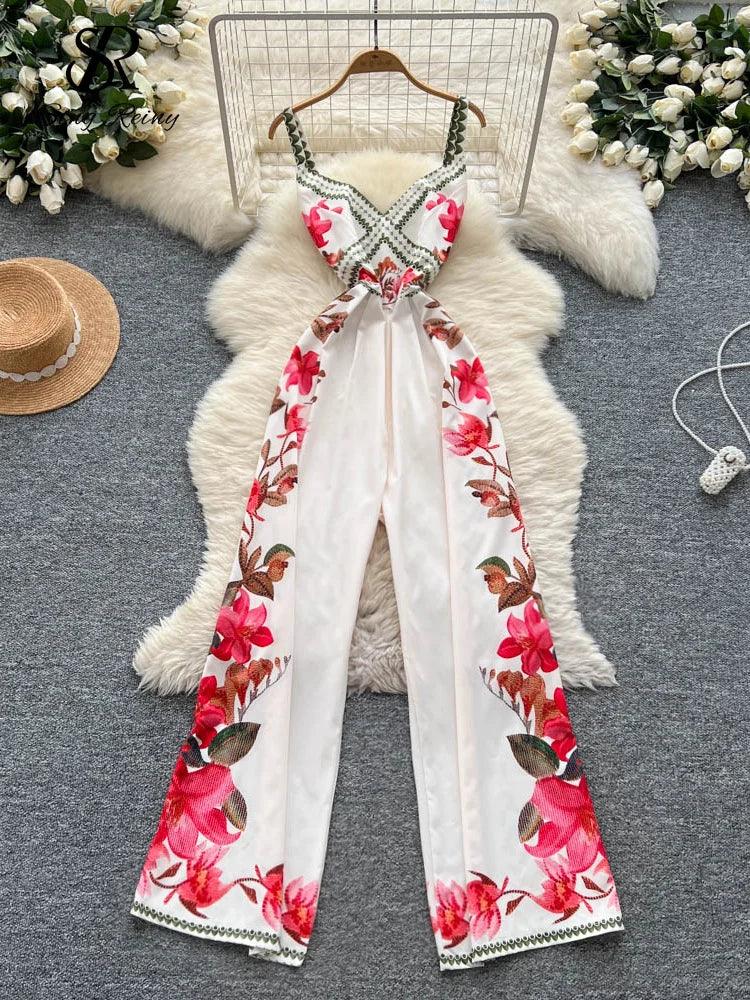 Vintage Printed Jumpsuit for Women – Full-Length Summer Romper with Mid Waist - Piña Colada