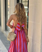 Stripe Print Halter Neck Long Dress