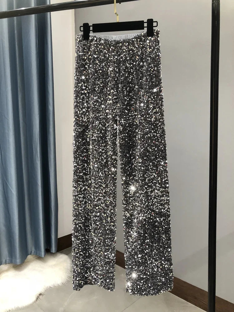 Sequined Wide-Leg Floor-Length Pants – High Waist Streetwear - Piña Colada