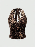 Leopard Printed V-neck Backless Halter Crop Top - Piña Colada