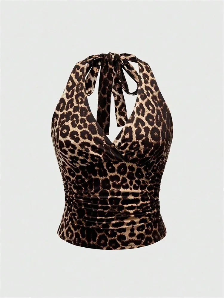 Leopard Printed V-neck Backless Halter Crop Top - Piña Colada