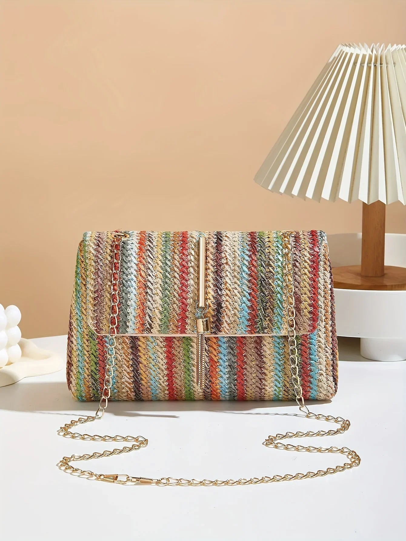 Chic Rainbow Stripe Straw Crossbody - Piña Colada