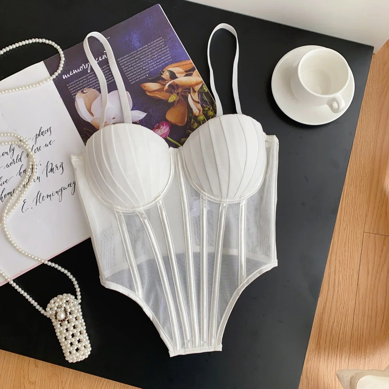 Fashion Solid Corset Strap Sheer Mesh - Piña Colada