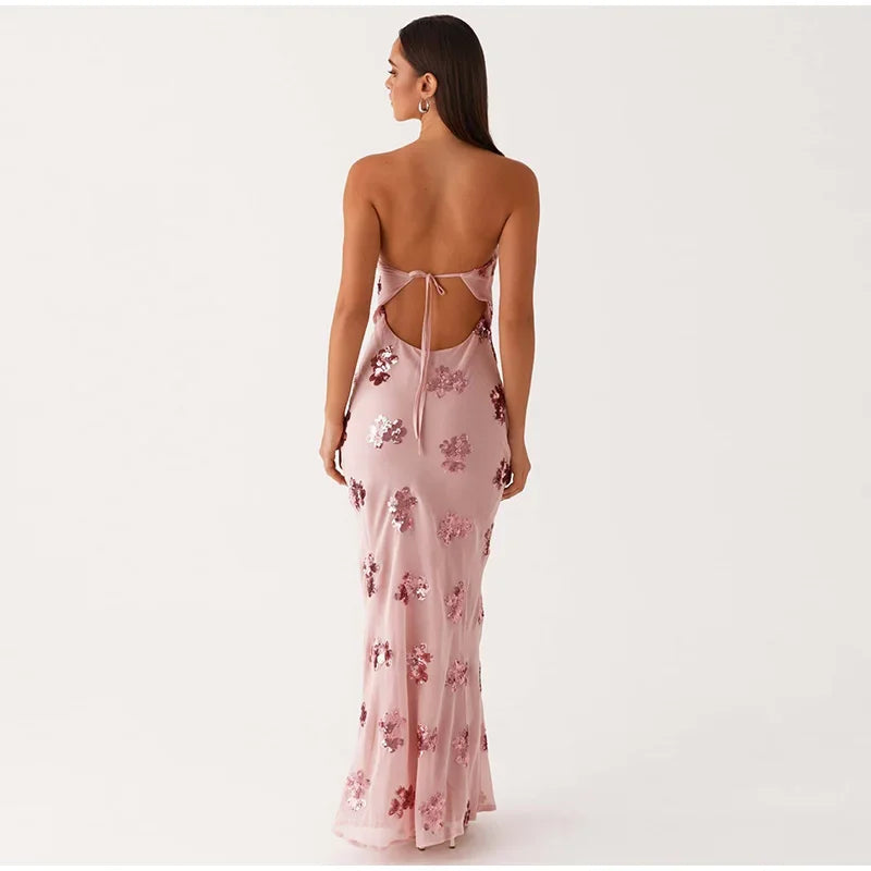 Sequin Backless Long Halter Dress - Piña Colada
