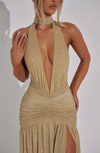 Mozision Sequin V-Neck Floor-Length Dress – Sexy & Club Evening Gown - Piña Colada