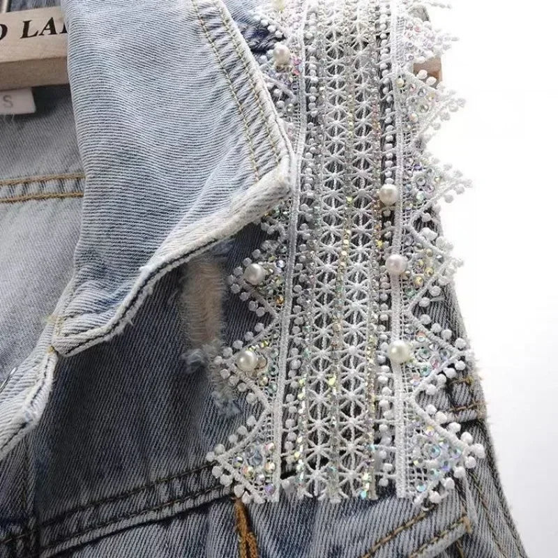 Beaded Lace Denim Vest - Piña Colada