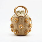 Embellished Straw Bucket Bag