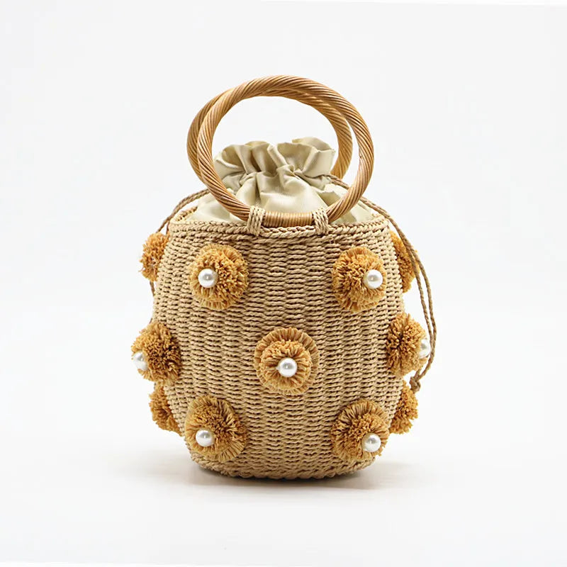 Embellished Straw Bucket Bag