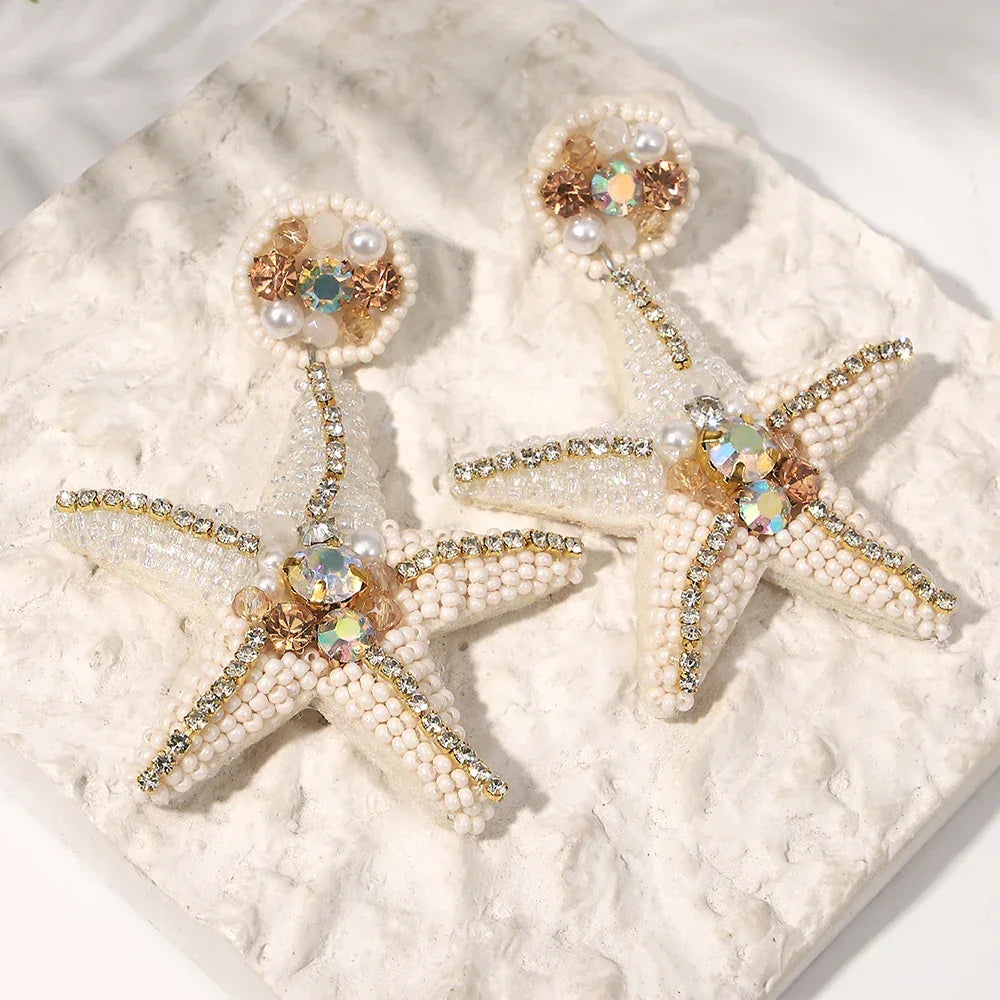 Handmade Beaded Blue Starfish Drop Earrings - Piña Colada