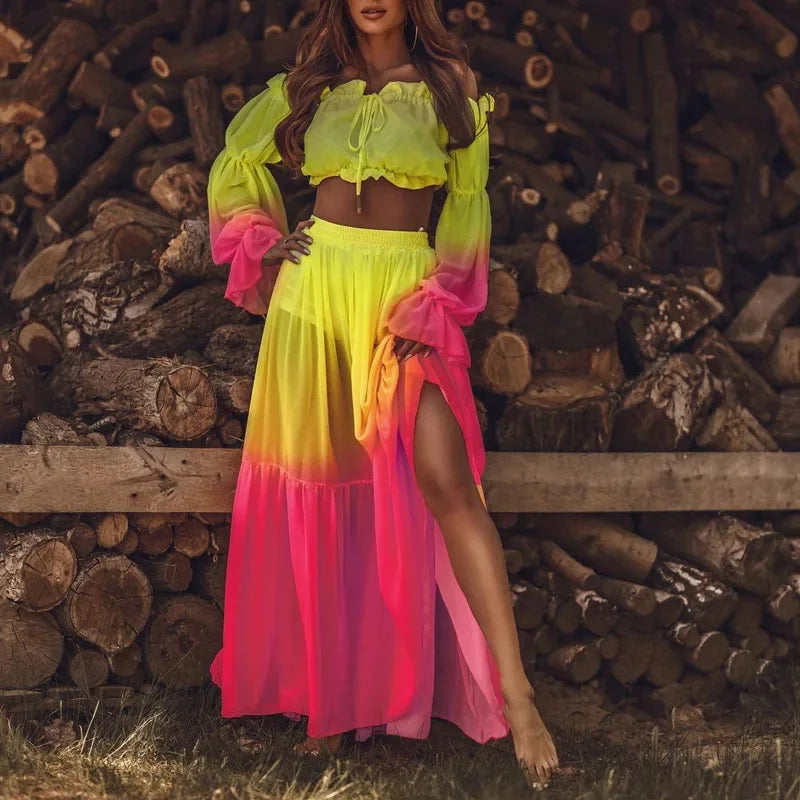 Off-Shoulder Ruffle Top & Slit Skirt Set - Piña Colada