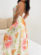 Women Backless Sexy Print Halter Party Dress - Piña Colada