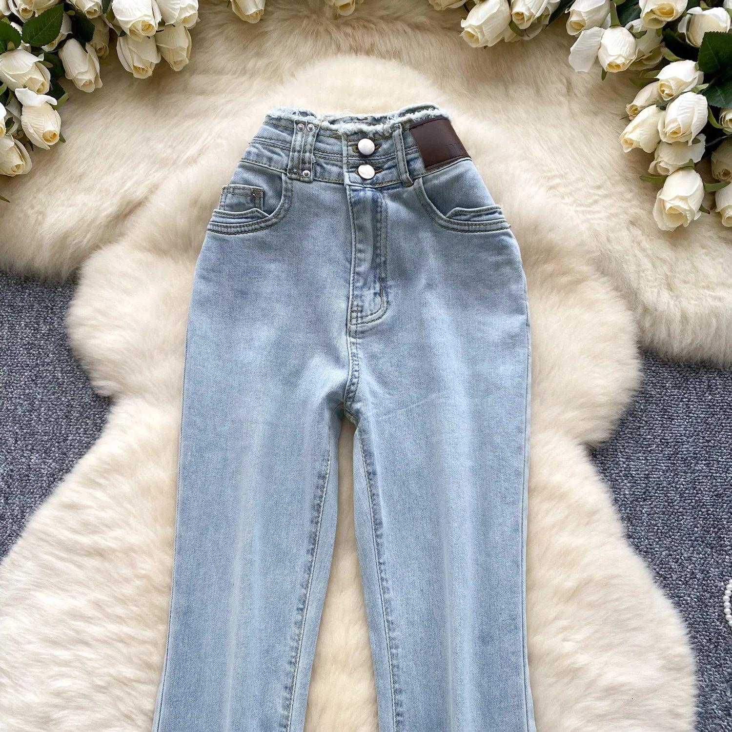 High-Waisted Flared Denim Pants with Faux Zippers – Streetwear Style - Piña Colada
