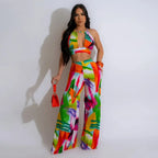 Printed Halter Top & Wide-Leg Pants Set - Piña Colada