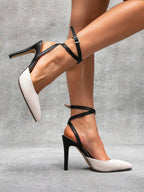 High Heel Canvas Slingback Pumps – Buckle Strap & Pointed Toe - Piña Colada