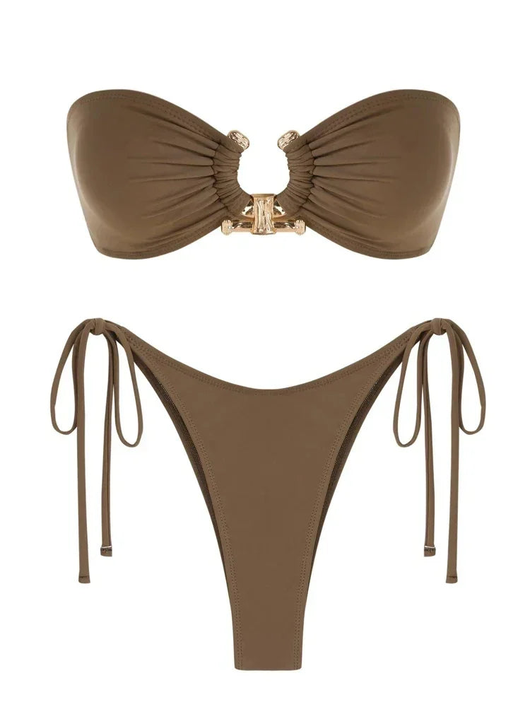 Solid Ring Detail Bikini Set - Piña Colada