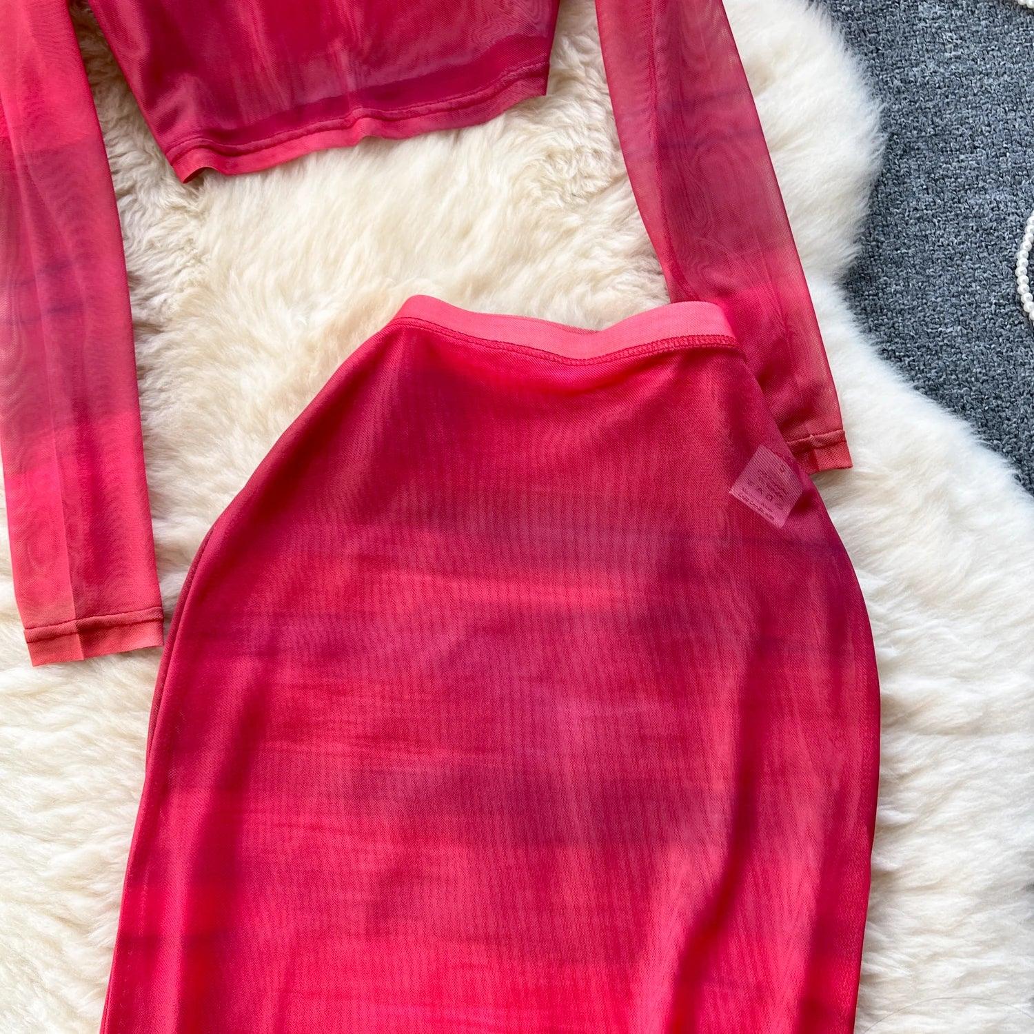 Two Piece Suits O Neck Midi Blouse+High Waist Colorful Bodycon - Piña Colada