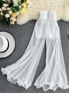Light Chiffon Flowy Flare Pants – High Waist Summer Casual - Piña Colada