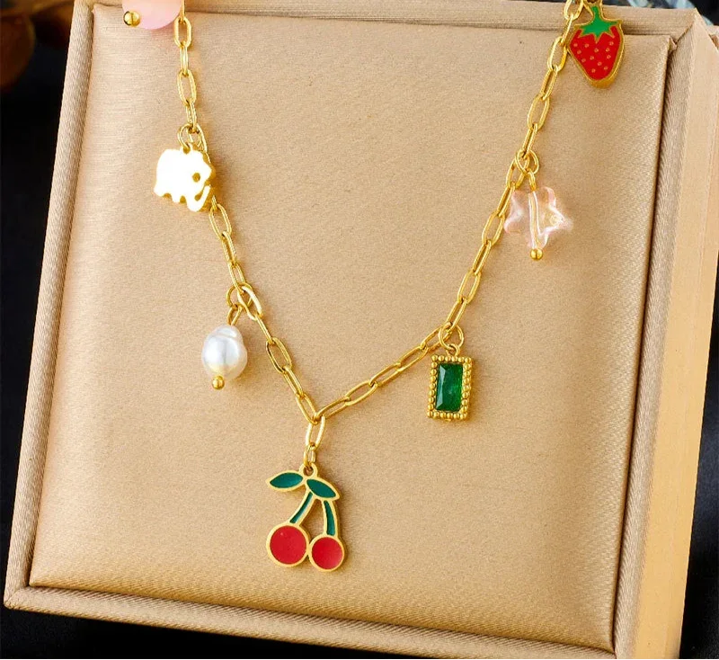 Stainless Steel Pearl Strawberry Necklace - Piña Colada