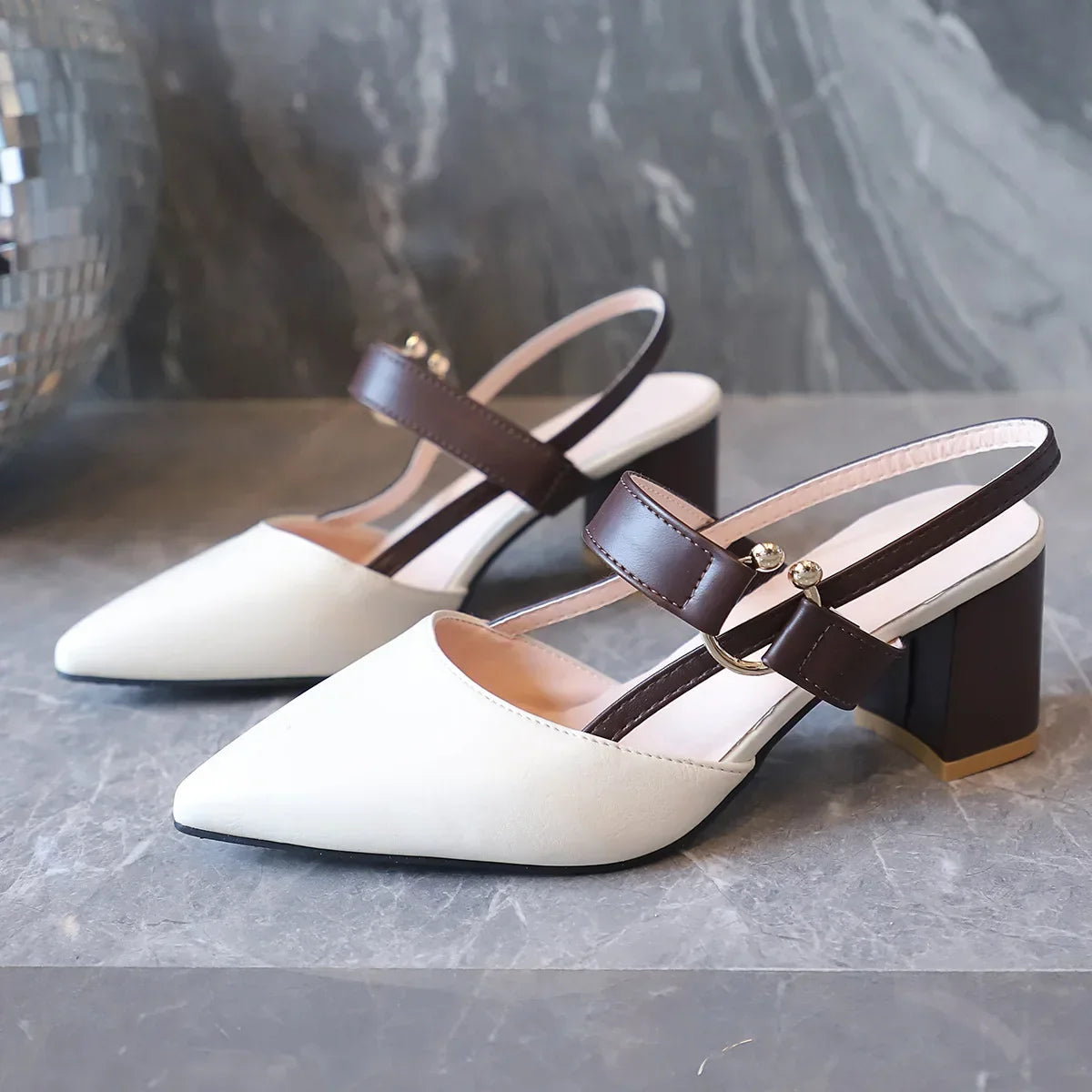 Elegant Pointed Toe Chunky Heel Sandals - Piña Colada