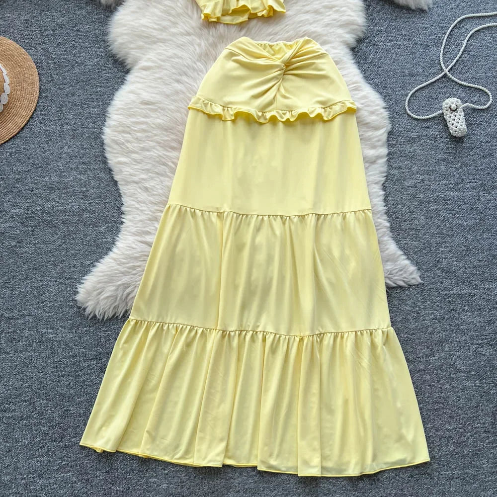 Ruffled Halter Top & Long Skirt Set - Piña Colada