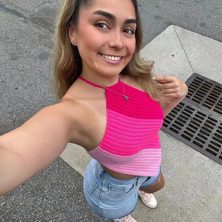 Backless Criss-Cross Ribbed Knit Crop Top – Sexy Slim Fit Halter Style - Piña Colada