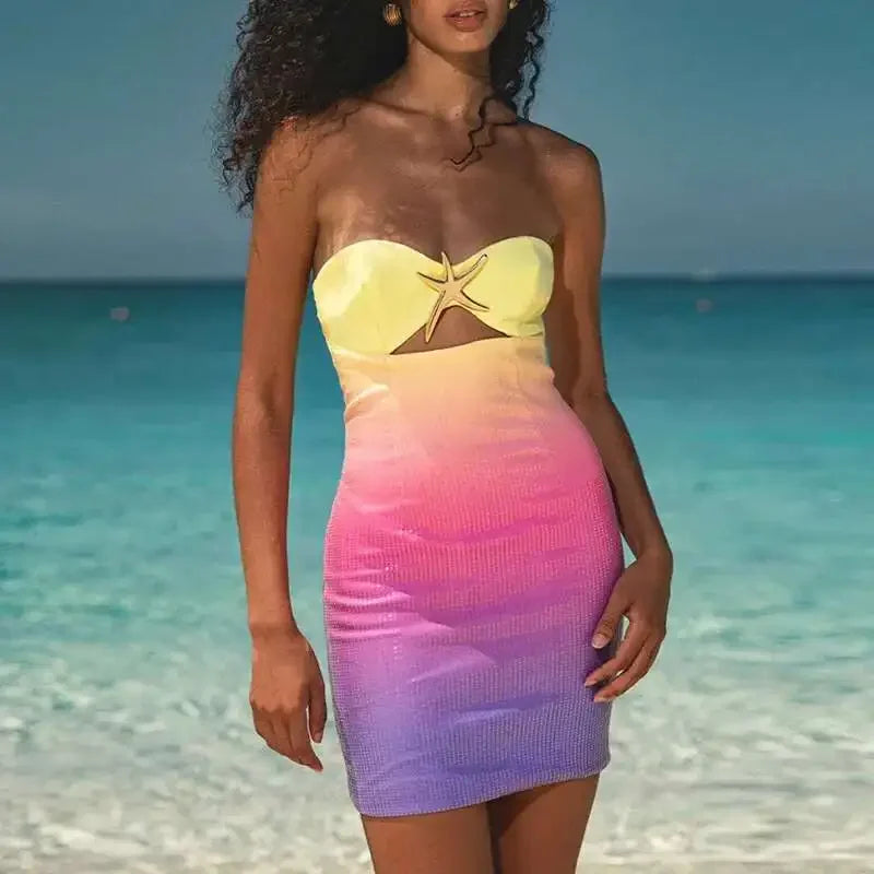 Strapless Sea Star Patchwork Printed Slim Fit A-Line Dress - Piña Colada