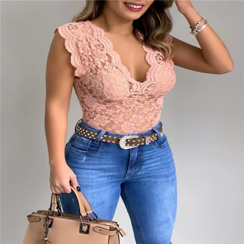 V Neck Lace Top Women - Piña Colada