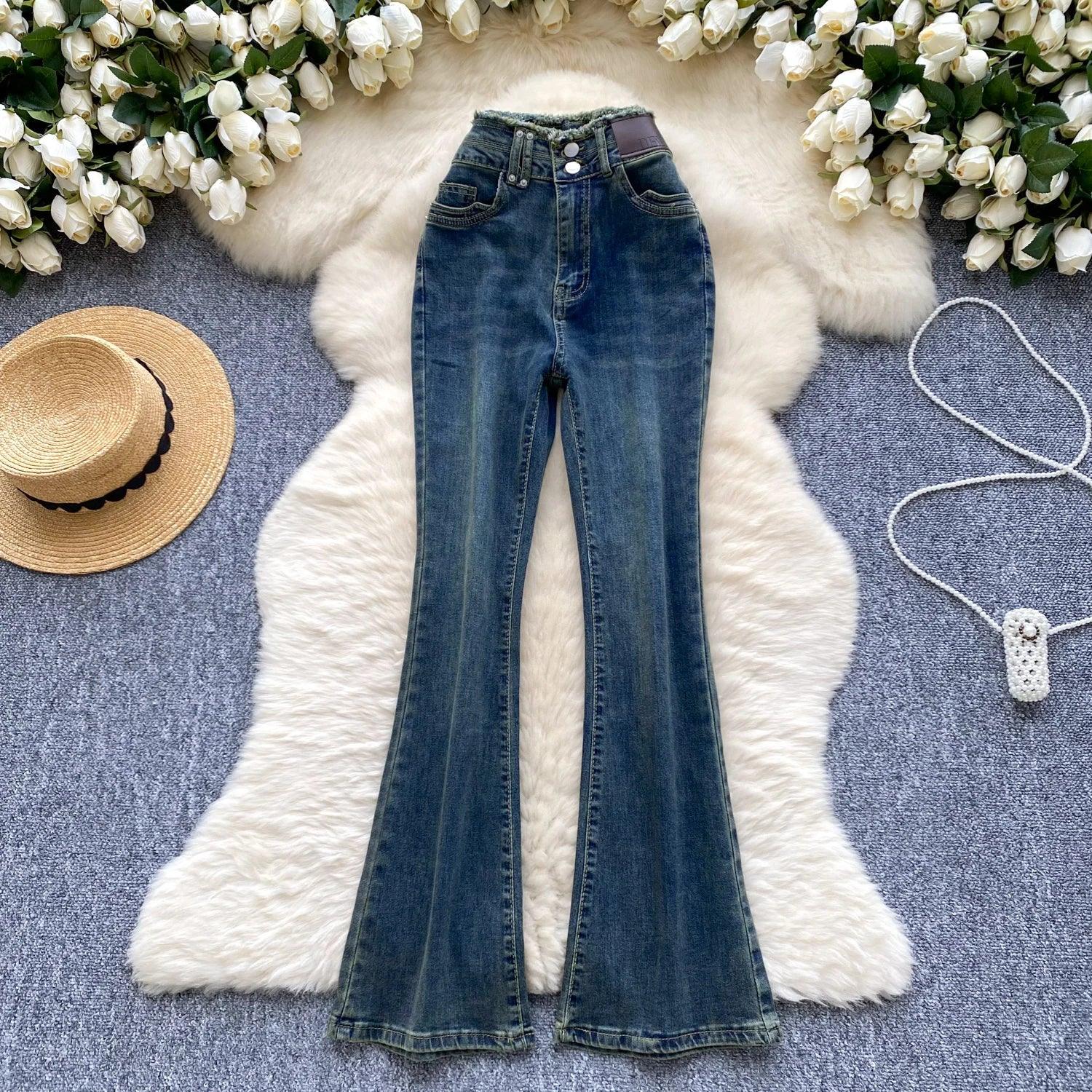 High-Waisted Flared Denim Pants with Faux Zippers – Streetwear Style - Piña Colada