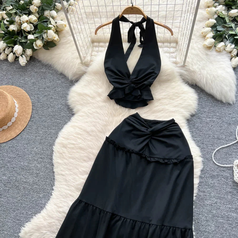 Ruffled Halter Top & Long Skirt Set - Piña Colada