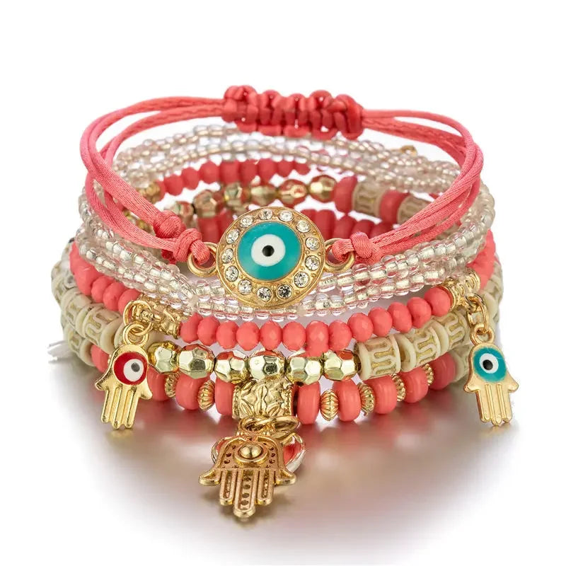 Bohemian Evil Eye Tassel Bracelet Set - Piña Colada