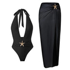 Deep V-Neck One-Piece Swimsuit with Skirt - Piña Colada