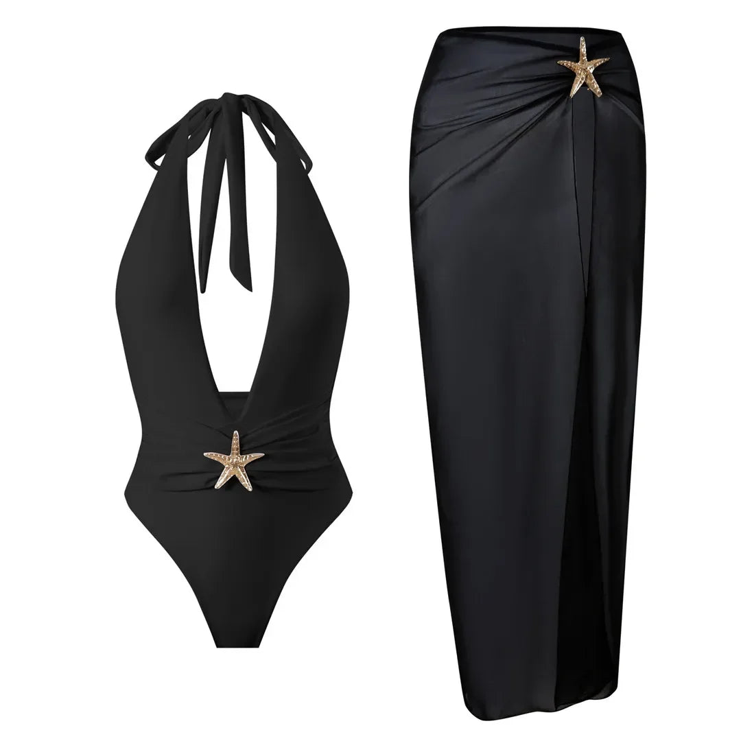Deep V-Neck One-Piece Swimsuit with Skirt - Piña Colada