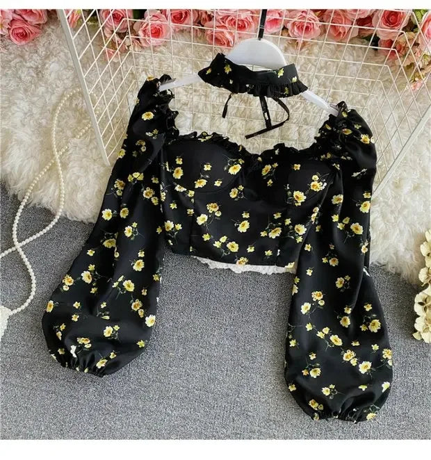 Floral Print Chiffon Top High Waist - Piña Colada