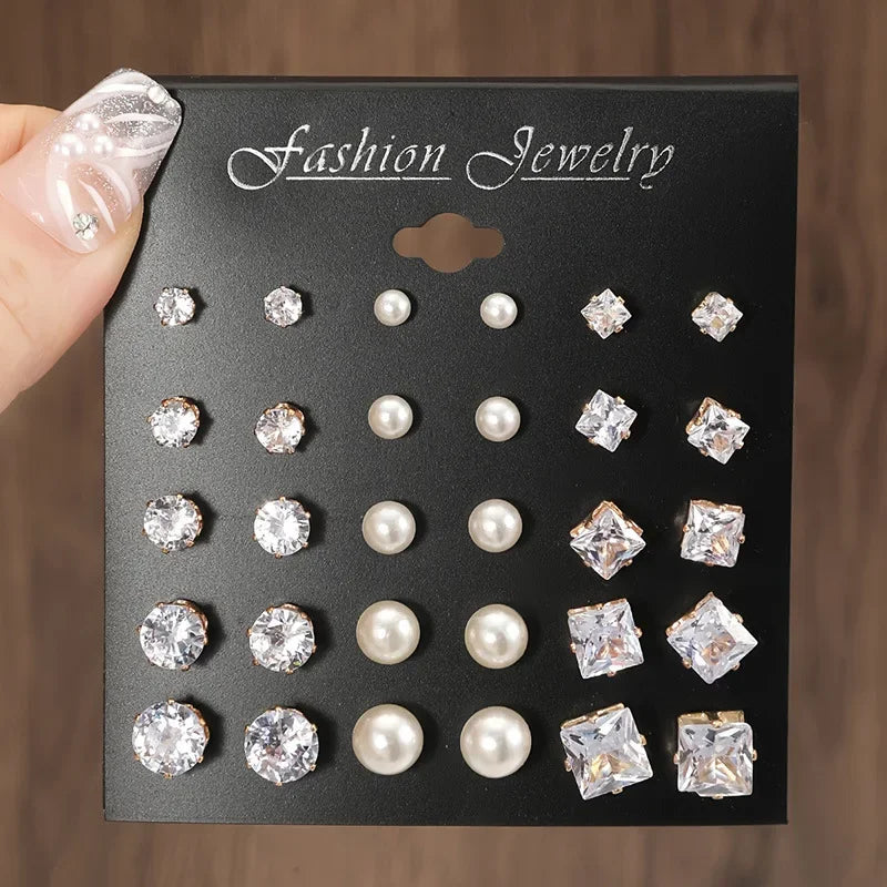 30PCS Retro Pearl & Crystal Zircon Earrings Set - Piña Colada