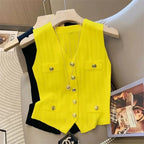 Button Detail Knit Tank Top – Casual Ribbed Sleeveless Shirt - Piña Colada