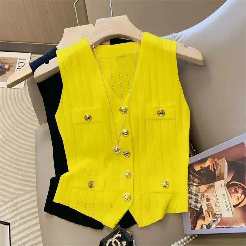 Button Detail Knit Tank Top – Casual Ribbed Sleeveless Shirt - Piña Colada