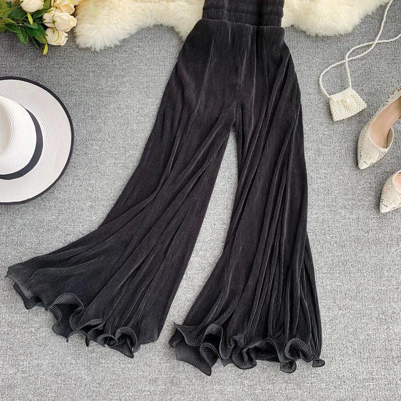 Light Chiffon Flowy Flare Pants – High Waist Summer Casual - Piña Colada