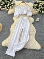 Sweet Slash Neck Lounge Set – Loose Fit Top & Wide-Leg Pants - Piña Colada